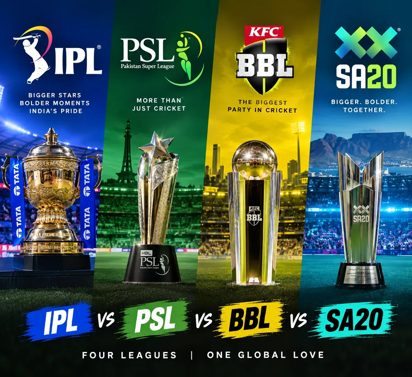 Promotional graphic featuring trophies for IPL, PSL, BBL and SA20, with the